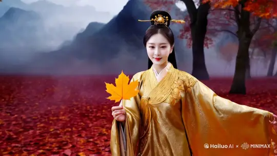 秋天仙子身着中国古装，衣裙飘飘，宛如仙子降临凡尘。她的发间点缀着金箔，闪耀着光芒，增添了一份华丽与高贵。
 
她的面容娇俏可爱，眉目如画，眼眸中透露出秋天的宁静与深沉。小嘴微微上扬，带着一抹温柔的笑意，让人感受到秋天的温暖。
 
仙子的手中拿着一片金黄的枫叶，象征着秋天的丰收与成熟。她轻盈地漫步在秋日的山林间，周围是红叶如火、金风送爽的美景。
 
整个画面采用国风金箔岩彩风格，色彩浓郁而富有层次感，将秋天的韵味展现得淋漓尽致。背景中可以看到山峦起伏、云雾缭绕，营造出一种神秘而悠远的氛围。 by Hailuo AI Video Generator