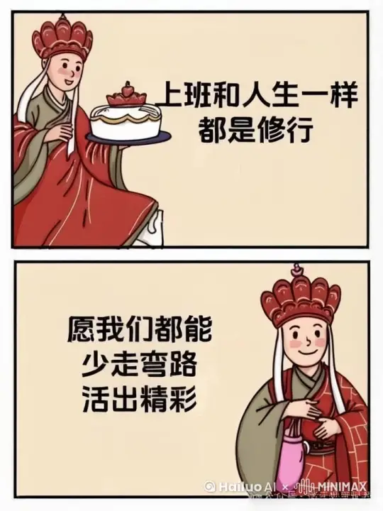 上面图片的人跳到下面图片，喂下面的人吃草莓蛋糕。两人人手拉手唱歌，然后互相切磋武功，一个用太极，一个用闪电五连鞭 by Hailuo AI Video Generator