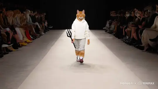 一只橘猫像人一样用双脚行走，它穿着白色的连帽卫衣，白色的运动卫裤，脚上穿着耐克的熊猫鞋，手里拿着一把三叉戟行走在时装舞台上，在舞台的两边坐着打扮时髦的各种动物，舞台的背景是黑色的，在它的中央有一个品牌灯 by Hailuo AI Video Generator