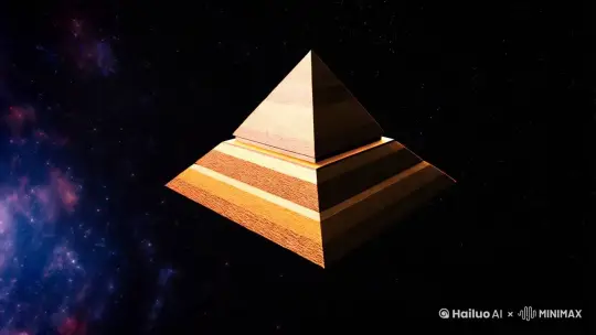 一个方形的金字塔，塔有四个面，分为三层。塔在围绕中心轴旋转。塔是悬空的，发光的，周围是宇宙。 by Hailuo AI Video Generator