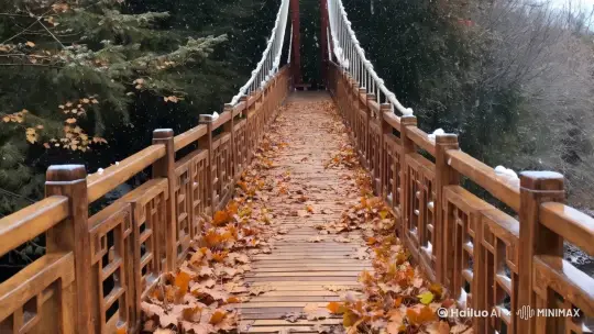 木板吊桥，天空飘雪，桥上有落叶，写实，古风 by Hailuo AI Video Generator