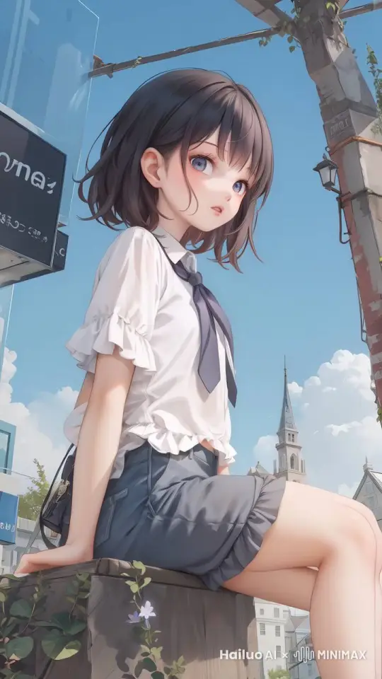 女孩眨着眼睛，风吹过，头发丝随风飘动，衣服和裙子边缘也随风飘动。远处的天空有两只海鸥在盘旋飞舞。 by Hailuo AI Video Generator