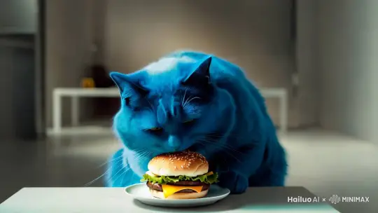 一只蓝色的胖猫在吃麦当劳 by Hailuo AI Video Generator