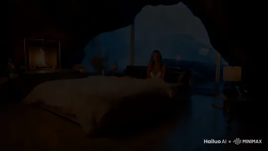 山洞，温馨，漂亮女人，木地板，炉火燃烧，家具高端质感，棉麻质感的床铺，白噪音，玻璃窗，窗外风雪交加，山洞内部暖色调，外部冷色调，形成明显对比，可以给人一种内心宁静的感觉，电影效果，粒子感。 by Hailuo AI Video Generator