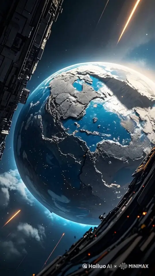 太空未来星舰视角下的地球，地球在缓慢的旋转，宛如一颗历经沧桑、满目疮痍的蓝色宝石，只不过如今这颗宝石已失去了往昔的光彩，变得残破不堪。 by Hailuo AI Video Generator