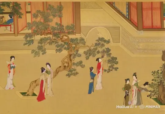 左边女子向右边走，左中树干前一个女子在红裙女子上头插花，右中红衣女子在树上摘花，摘下来放进蓝衣女子端着的盘里。右下女子在给花草浇水 by Hailuo AI Video Generator