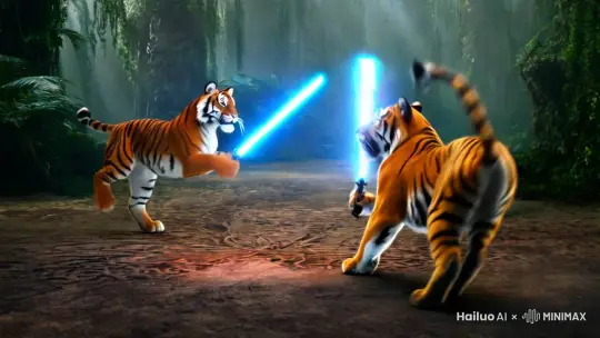 两只老虎拿着光剑打架 by Hailuo AI Video Generator