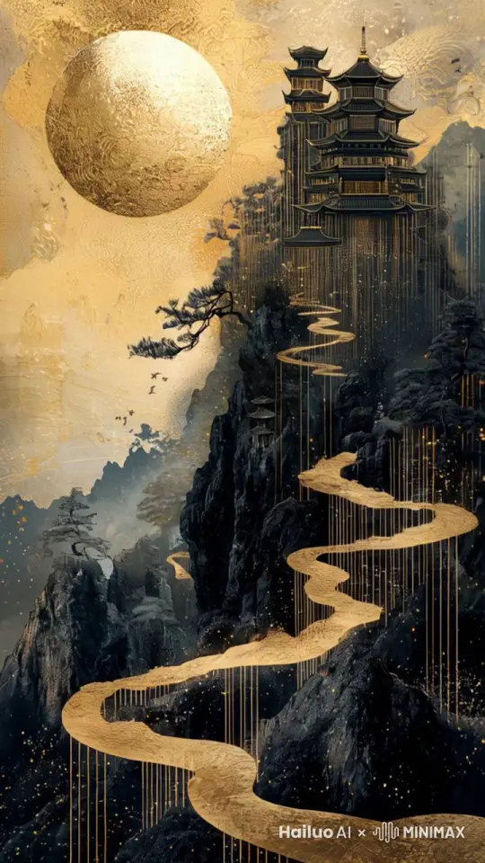 蜿蜒的山路发光不断向前移动，直达月球 by Hailuo AI Video Generator
