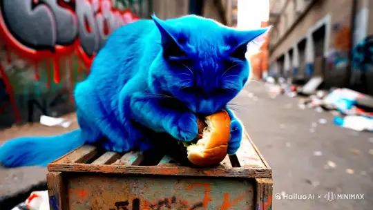 一只蓝色的猫在吃汉堡 by Hailuo AI Video Generator