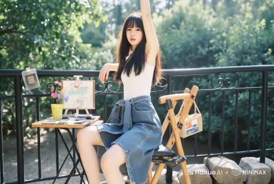 女生对着镜头微笑，放下左手，用手指着镜头 by Hailuo AI Video Generator