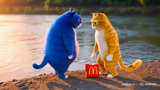 一个蓝色的胖猫和一个黄色的瘦猫在河边抢麦当劳 by Hailuo AI Video Generator
