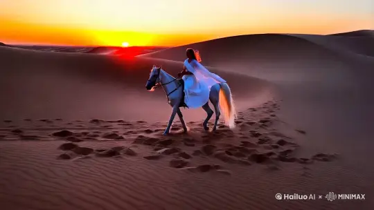 一个英姿飒爽的侠女骑着一匹白马，走在夕阳晚照红透的凸起的沙漠中 by Hailuo AI Video Generator