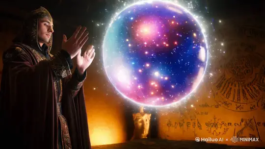 一位强大的法师制造出一个充满星空景象的能量球，这个球可以释放出各种星空相关的力量，如星辰之力的冲击、星座图案的禁锢、或者模拟出宇宙射线进行攻击。 by Hailuo AI Video Generator