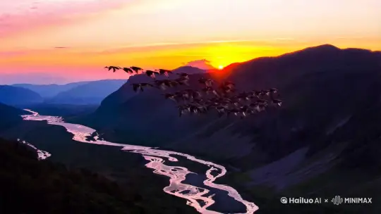 大雁南飞落日余晖山川 by Hailuo AI Video Generator
