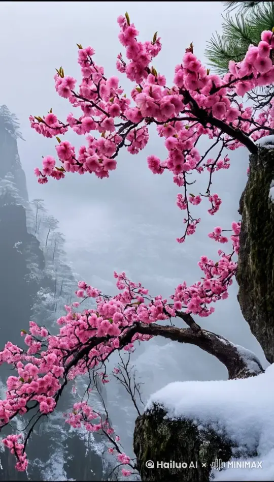 大雪花飘飘洒洒，花朵上积满雪花❄️ by Hailuo AI Video Generator