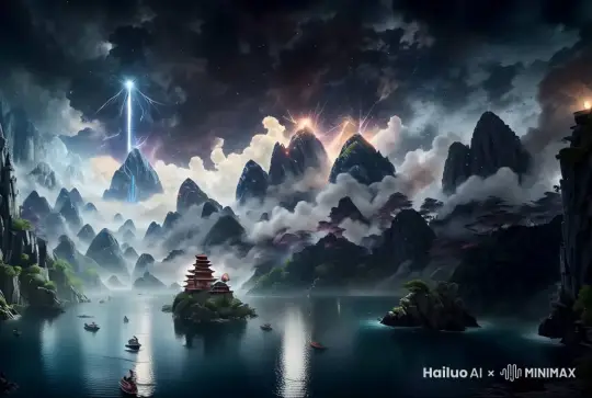 视角极其快速向前移动 远处发生爆炸 远处大量光柱冲天 by Hailuo AI Video Generator
