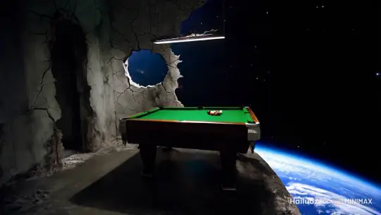 一个台球管 墙体半破裂有一个圆洞 悬浮在太空上 距离地球的平流层上  by Hailuo AI Video Generator