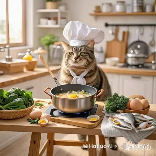 整洁厨房，猫咪戴厨师帽站小凳子握汤勺面对灶台，灶台上有小锅与青菜、小鱼干、鸡蛋等食材，暖色调，明亮温馨，全景视角，轻快厨房背景音夹杂猫咪叫声。 by Hailuo AI Video Generator