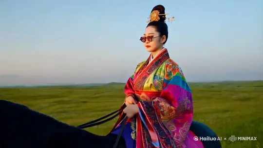 一位古装美女戴着眼镜，穿着华丽的长袍，骑着骏马奔跑在草原上 by Hailuo AI Video Generator
