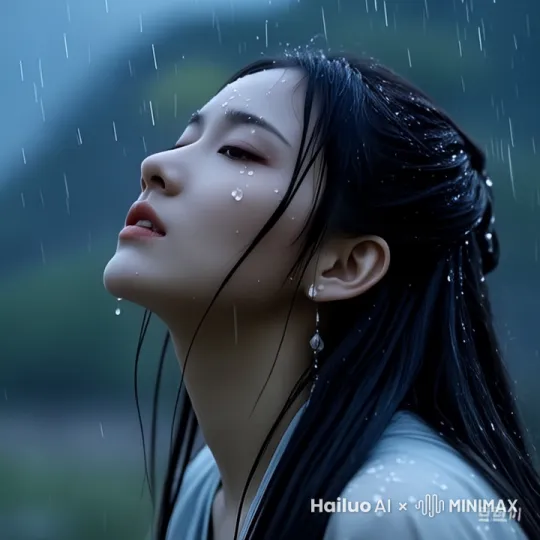 雨水顺着脸颊流淌，环绕运镜。 by Hailuo AI Video Generator