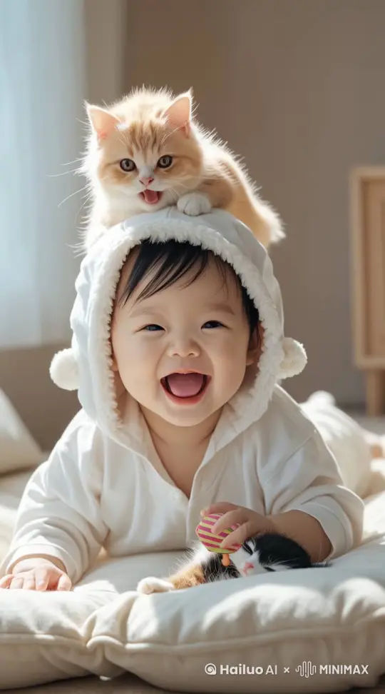 两个迷你小猫咪趴在小宝宝头上，小宝宝朝着镜头大笑，其一只小猫咪滑了下来，被小宝宝压在了手下面，高清摄影，画质丝滑流畅 by Hailuo AI Video Generator