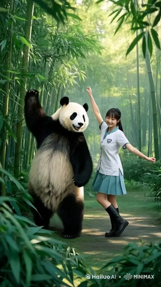 在翠绿的竹林中，女饲养员和大熊猫一起同步跳兔子舞，动作很有节奏且自然。 by Hailuo AI Video Generator