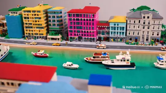 乐高积木海边城市，色彩斑斓，有船有车等交通工具 by Hailuo AI Video Generator