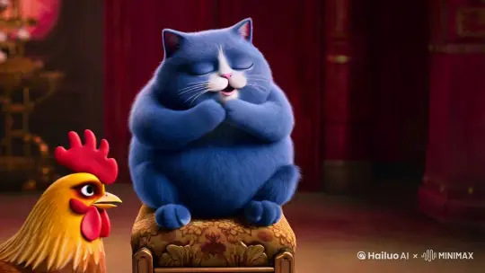 一只蓝色的胖猫正在唱歌，旁边还有叮咚鸡。 by Hailuo AI Video Generator