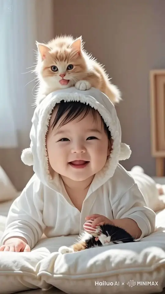 一只迷你小猫咪在和小宝宝玩游戏，把小宝宝逗笑了，空然又跳出一只小猫咪，两只猫咪都想往小宝宝头上爬，结果都掉下来了，小宝宝由微笑变成大笑，高清摄影，画质丝滑流畅 by Hailuo AI Video Generator