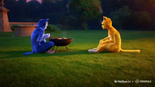 黄昏之下，一个蓝色的痩猫人和一个黄色的瘦猫人在一起吃着烧烤，坐在草地上看着落日余晖，蓝色的瘦猫人转头对黄色的瘦猫人说：“很高兴遇见你！” by Hailuo AI Video Generator