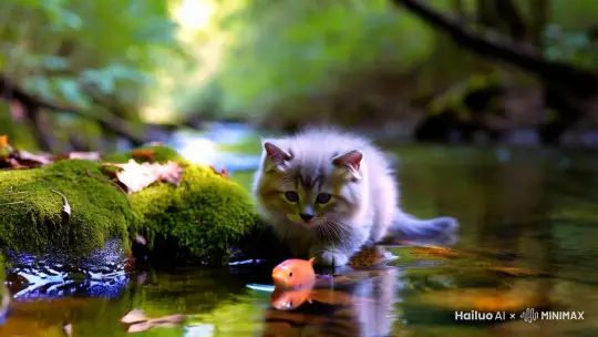 小猫咪在河边抓到一条大鱼 by Hailuo AI Video Generator