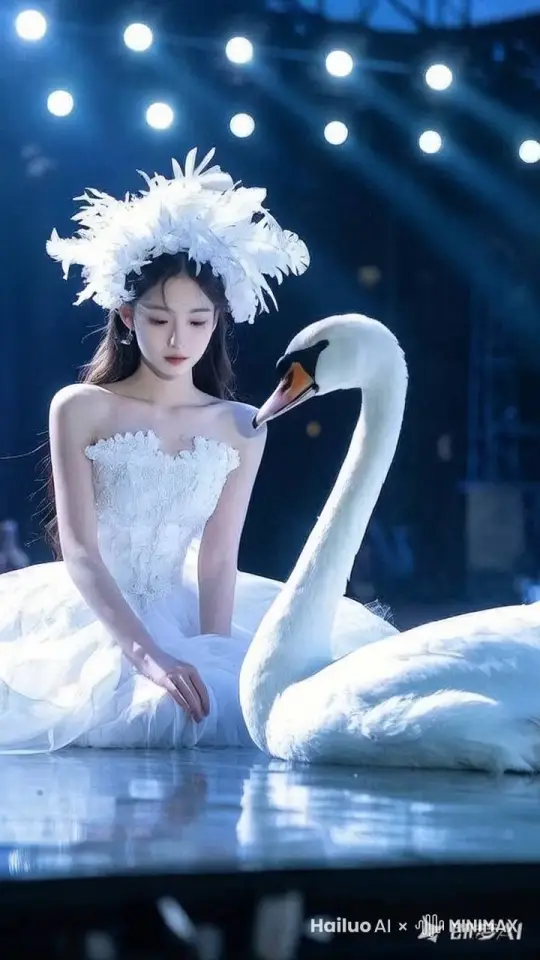 在充满聚光灯的舞台上，少女和天鹅在舞蹈，少女眼神温柔，镜头环绕，身后的聚光灯也在转动 by Hailuo AI Video Generator