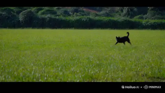 一只纯黑的田园犬名叫五福，在草地上来回奔跑，矫健的身姿实在是太漂亮了。 by Hailuo AI Video Generator