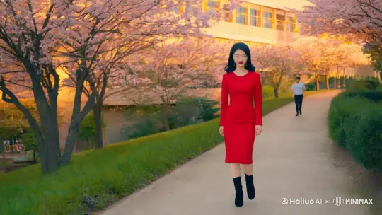 在深秋的校园里，林荫小道的斜坡上，她款款走来，大约三十出头，面如桃花，像蒋勤勤端庄大气，又与胡茵梦有些神似，一头乌黑头发那天梳得特别精致，一袭红衣裙，穿着黑色的长筒靴，哒哒地敲在水泥路面上。作为短训班学员的他在后面走着，赶紧跟上搭讪，她正好是短训班的班主任，故事从此展开…… by Hailuo AI Video Generator