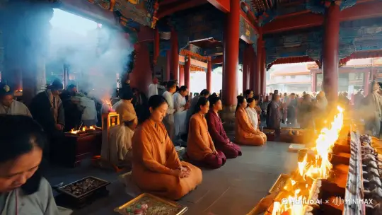 道观祈福，16:9的视频，人比较多，香火旺盛，能看到道观的全景 by Hailuo AI Video Generator