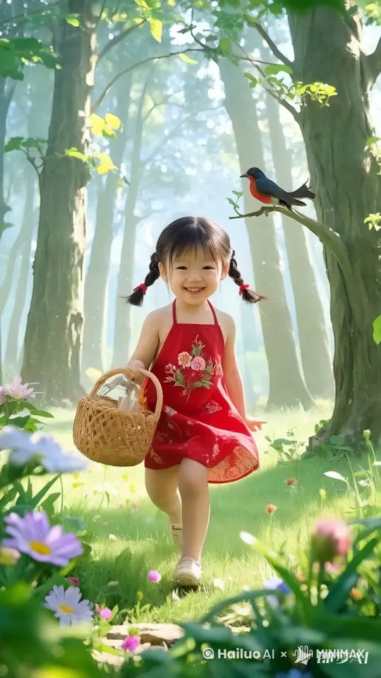 小女孩在森林里走着走着，边上出现七彩神鹿，神鹿走到小女孩边上，低头邀请小女孩骑上去，然后带着小女孩在森林里飞快奔跑，小女孩发出快乐的神情与声音 by Hailuo AI Video Generator