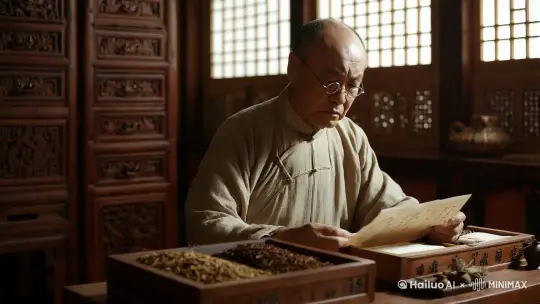 老中医戴着眼镜，仔细查看药方，然后熟练地打开一个个药柜抽屉，精准地抓取各种药材，称重、分包，动作一气呵成。 by Hailuo AI Video Generator