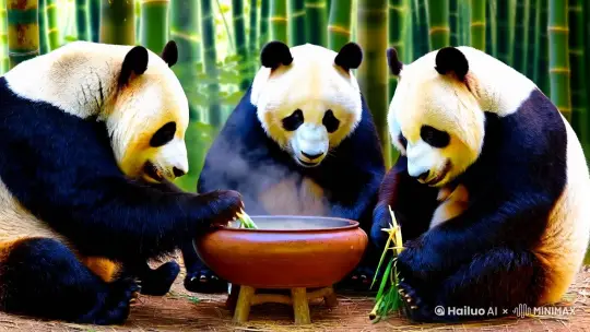 三只熊猫坐在一起吃火锅。 by Hailuo AI Video Generator