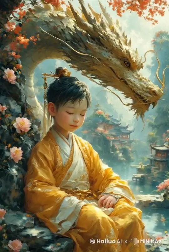 东方巨龙与一飞冲天，少年身下泛起祥云飞向天宫 by Hailuo AI Video Generator