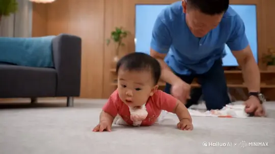 一个中国小宝宝。在电视机前面爬他突然拉在尿不湿里的过程。爸爸急忙跑过来跟他玩尿布。求拍到拉屎的过程。 by Hailuo AI Video Generator