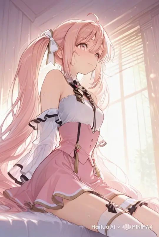 一个女孩侧对镜头坐着，飘动的衣服和头发 by Hailuo AI Video Generator