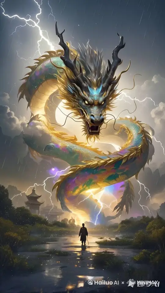 一只威严的五爪巨龙，眼睛黑色，眼神锐利，拟人化，天空中的漩涡，巨大的漩涡，漩涡由七彩祥云组成，巨龙在漩涡中仰头长啸，冲向屏幕中间，漩涡四周电闪雷鸣，雨水飞的到处都是，真实特效，真实场景，立体感，3D效果，层次分明，丁达尔效应，聚光离散 by Hailuo AI Video Generator