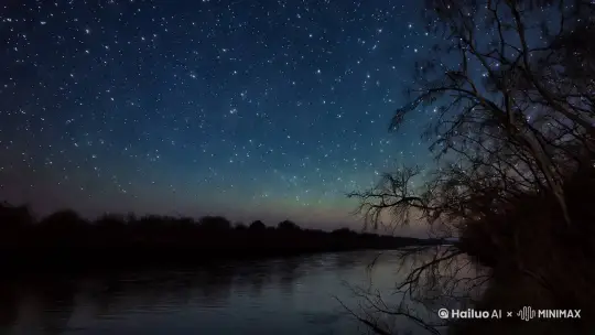 东风寒月夜，星光洒长河。枯枝风作响，夭下坠星河。 by Hailuo AI Video Generator