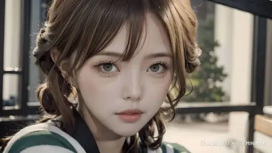 女孩的头发被吹起，眨着眼睛左右摇头 by Hailuo AI Video Generator