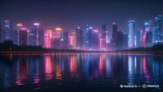 湖对岸建筑上空绽放很多美丽的烟花，镜头拉远，人群在欢呼，渲染出欢快的节日氛围。 by Hailuo AI Video Generator
