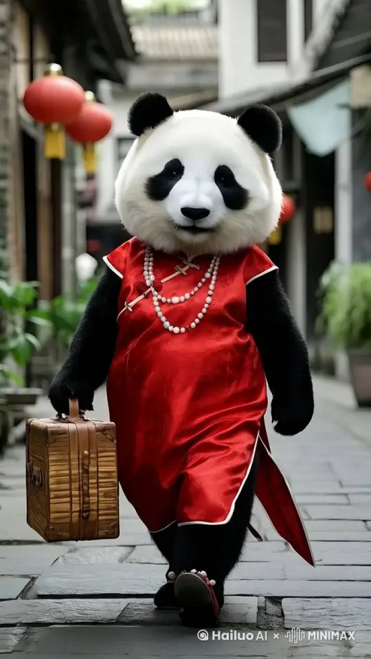穿着旗袍的女熊猫，像走秀一样走在四川的一条老街上，走路一扭一扭 by Hailuo AI Video Generator