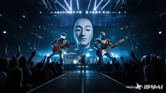 镜头不断升高，欢乐狂跳的人群，激光向人群洒下，摇滚现场，机器人不断地弹奏吉他 by Hailuo AI Video Generator