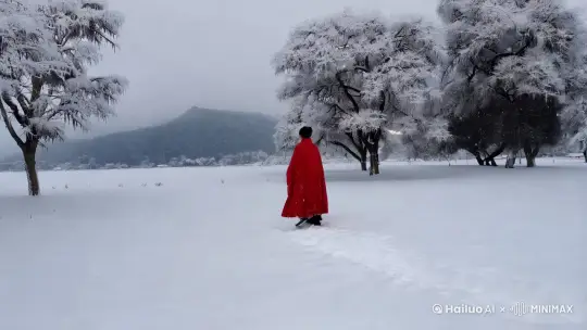 天地间下着大雪，雾凇雪景，远处隐约一副山水画，一个身穿红色披风的人走在雪地里，后面留下一串脚印，唯美主义，大广角  by Hailuo AI Video Generator