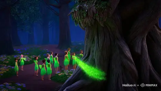 在那幽深神秘的森林深处，众人目不转睛地凝视着巨大的古老树人。树人身上的树皮开始片片脱落，并化作无数细小的绿色精灵，它们嬉笑欢闹着，轻盈地跳动飞舞，如同灵动的绿色光幕般涌向下方充满好奇的人群。绿色精灵融入他们的身体，转瞬之间，每个人的后背都长出了绿色的枝叶翅膀，散发着清新的气息。
 此时，周围的花丛中，长着透明翅膀的花仙子也翩翩飞来，围绕着人群洒下亮晶晶的花粉。还有那身形小巧的荧光鹿，在不远处好奇地张望，鹿角上的光芒忽闪忽闪的。相机镜头缓缓上升拉远，展现出一片沉浸在柔和绿色光辉下，长满绿色羽翼的人们仰望天空的奇幻景象。他们微微扇动翅膀，仿佛准备探索森林更隐秘的角落，周围鸟儿欢快鸣叫，花仙子继续飞舞，荧光鹿也蹦跳着跟上，似在为他们送行，这美妙的画面宛如森林奏响的神奇乐章。


 by Hailuo AI Video Generator