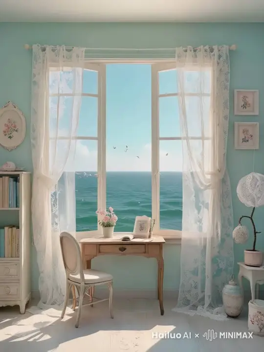 窗外海水汹涌，窗帘被风吹起，海鸥在飞 by Hailuo AI Video Generator